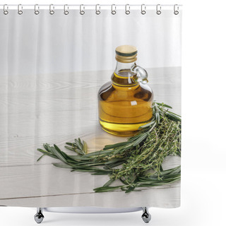 Personality  Bottle Of Oil Near Rosemary And Thyme Bungs On White Wooden Table Isolated On Grey Shower Curtains