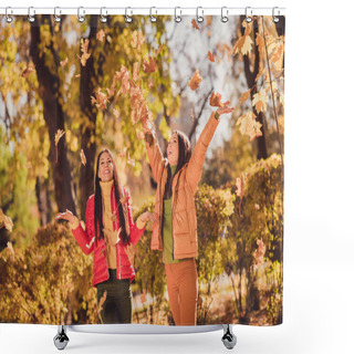 Personality  Autumn Weekend Fun Time Concept. Positive Girls Buddies Enjoy Throw Catch Air Fly Maple Leaves Wear Red Yellow Outerwear In Sunset Forest Park Lawn Shower Curtains