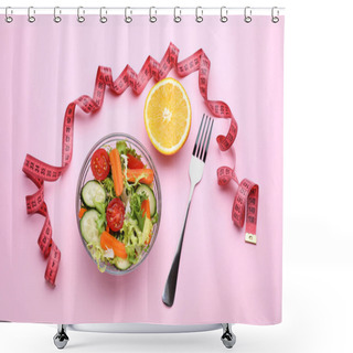 Personality  Measuring Tape, Salad, Half Of Orange And Fork On Pink Background, Flat Lay Shower Curtains