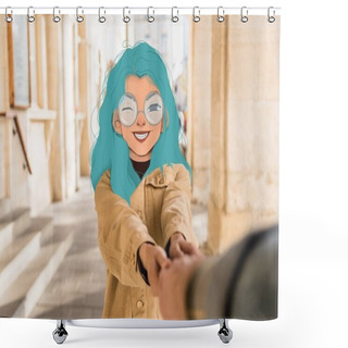 Personality  Selective Focus Of Girl With Illustrated Smiling Face And Blue Hair Holding Hand Of Man In City Shower Curtains