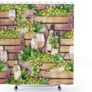 Personality  Watercolor Wooden Boxes With Bottles, Glasses Of White Wine And White Grapes Shower Curtains