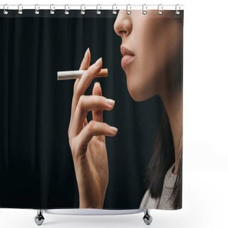 Personality  Side View Of Woman Holding Cigarette Isolated On Black  Shower Curtains
