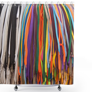 Personality  Collection Of Many Colorful Shoelaces At A Retail Stand Shower Curtains