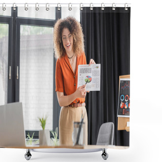 Personality  Cheerful Businesswoman In Glasses Pointing With Pen At Infographics While Making Online Presentation During Video Call  Shower Curtains