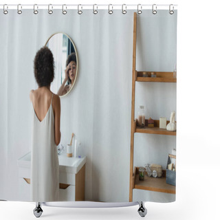 Personality  Young African American Woman In Satin Nightgown Wiping Face With Cotton Pad Near Mirror And Toiletries In Bathroom  Shower Curtains