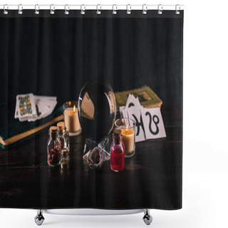 Personality  KYIV, UKRAINE - JANUARY 9, 2020: Selective Focus Of Crystal Ball, Books And Occult Objects On Wooden And Black Background Shower Curtains