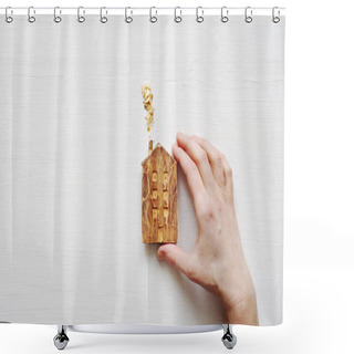Personality  Wooden House In A Female Hand On A White Wooden Background.  Shower Curtains