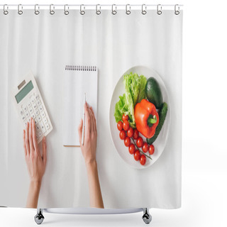 Personality  Top View Of Woman Using Calculator Near Notebook And Fresh Vegetables On Plate On White Background Shower Curtains
