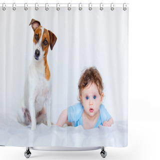 Personality  Child Boy With Blue Eyes And His Friend Dog Shower Curtains