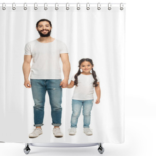 Personality  Cheerful Father Holding Hands With Cute Daughter Isolated On White  Shower Curtains