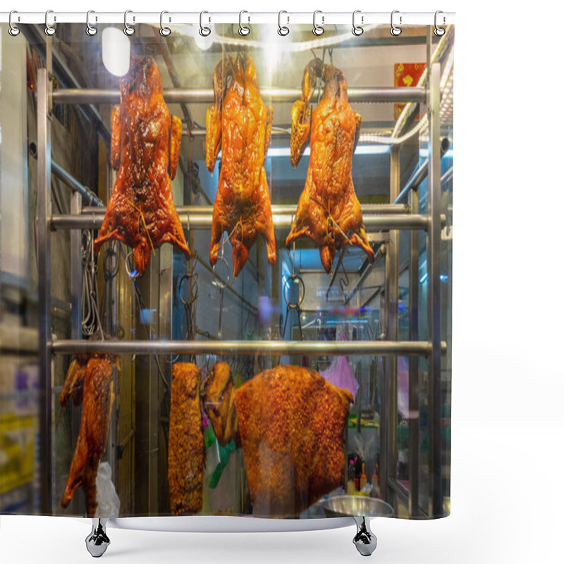 Personality  Roasted duck in a counter display case. shower curtains