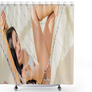 Personality  Panoramic Shot Of Beautiful Smiling Girl In Bikini Lying In Hammock And Looking At Camera On Beach Shower Curtains