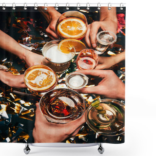 Personality  Cropped Image Of Friends Clinking By Glasses With Various Alcoholic Cocktails At Table Covered By Golden Confetti  Shower Curtains