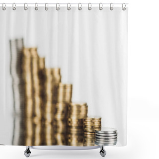 Personality  Selective Focus Of Stacked Silver And Golden Coins On Surface With Reflection Isolated On White Shower Curtains