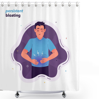 Personality  Vector Illustration Of A Man Suffering From Bloating. The Man Experiences Constant Bloating. Symptoms Of Irritable Bowel Syndrome Or Food Allergies Shower Curtains