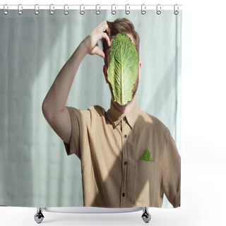 Personality  Obscured View Of Pensive Man With Savoy Cabbage Leaf On Face, Vegan Lifestyle Concept Shower Curtains