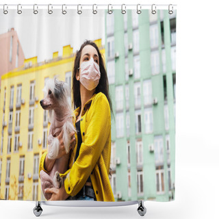 Personality  Attractive Girl In Pink Medical Mask Walking With Dog In City Shower Curtains
