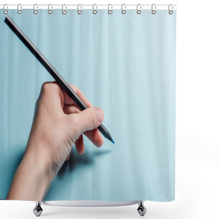 Personality  Cropped View Of Man Holding Pencil On Blue Background Shower Curtains