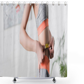 Personality  Panoramic Orientation Of Sportswoman Measuring Waist With Tape At Home Shower Curtains
