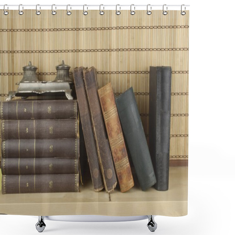 Personality  Front View Of Old Books Stacked On A Shelf. Books Without Title And Author. Shower Curtains