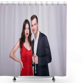 Personality  Portrait Of Two Nice Lovely Graceful Attractive Cheerful Imposing Positive People, Married Spouses, Friends, Romance Isolated Over Background. Shower Curtains