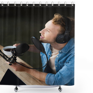 Personality  High Angle View Of Positive Radio Host In Headphones Holding Cup Of Coffee In Podcast Studio  Shower Curtains