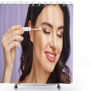 Personality  A Woman Delicately Applies Eyeshadow With A Makeup Brush. Shower Curtains