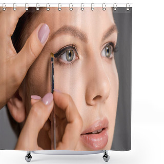 Personality  Cropped Shot Of Makeup Artist Applying Eyeliner On Models Face On Grey Backdrop Shower Curtains