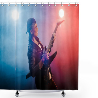 Personality  Happy Male Rock Star In Leather Jacket Performing On Electric Guitar On Stage With Smoke And Dramatic Lighting  Shower Curtains