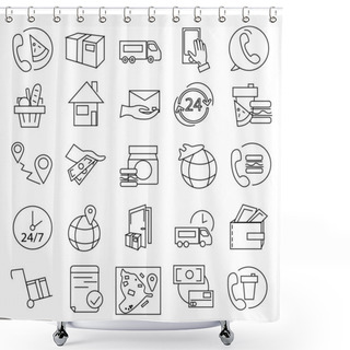 Personality  Vector Coronavirus Icons With Phone, Food, Clock And Transport On White, Delivery Concept  Shower Curtains