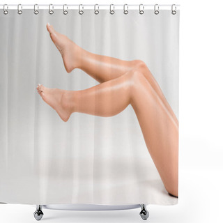 Personality  Cropped View Of Beautiful Female Legs On Grey Background Shower Curtains