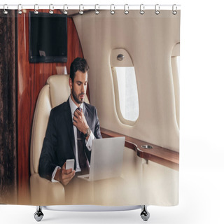 Personality  Selective Focus Of Businessman In Suit Using Laptop And Holding Smartphone In Private Plane  Shower Curtains