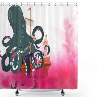 Personality  Girl Holding Teddy Bear And Standing On Ship Model With Octopus Illustration  Shower Curtains