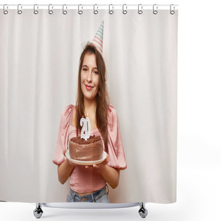 Personality  The Girl Is Holding A Festive Cake With A Candle In The Form Of The Number 20. The Concept Of A Birthday Celebration. Shower Curtains