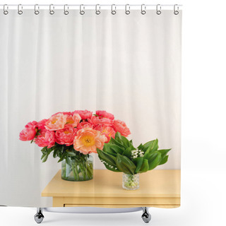 Personality  Coral Peonies And Spring Lilies Of The Valley In A Glass Vase On Wooden Table.. Beautiful Peony Flower For Catalog Or Online Store. Floral Shop Concept . Beautiful Fresh Cut Bouquet. Flowers Delivery. Shower Curtains