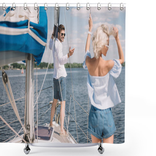 Personality  Smiling Young Man In Sunglasses Looking At Beautiful Girl On Yacht Shower Curtains