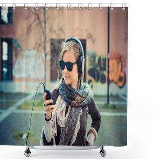 Personality  Blonde Woman Listening To Music Shower Curtains