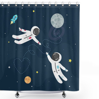 Personality  Space Love Vector Illustration. Boy Astronaut And Girl Astronaut Fly To Each Other. Shower Curtains