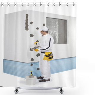 Personality  Worker Spreading A Putty On Dowels Shower Curtains