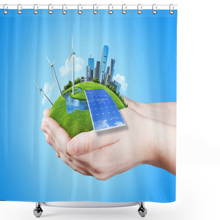 Personality  Hands Holding Clear Green Meadow With Sun Battery Block, Wind Mill Turbines And City Skyscrapers Shower Curtains