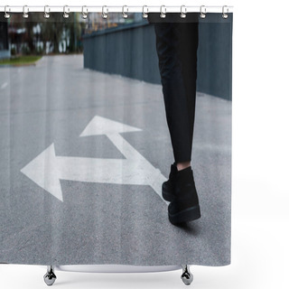 Personality  Cropped View Of Woman Walking Near Directional Arrows On Asphalt  Shower Curtains