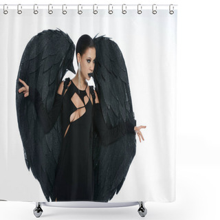 Personality  Gothic Charm, Woman In Costume Of Demon With Black Wings Posing And Looking Away On White Backdrop Shower Curtains