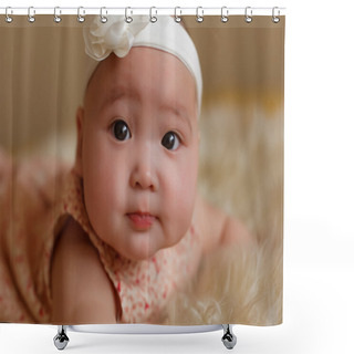 Personality  Beautiful Cute Baby Girl With Bow On The Fur Ground Shower Curtains