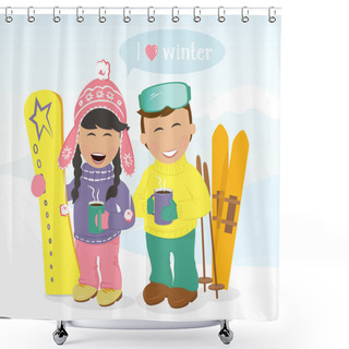 Personality  Boy And Girl With Skis And Snowboard Drinking Coffee. Shower Curtains