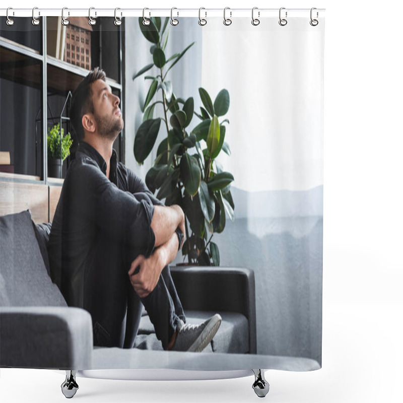 Personality  Side View Of Handsome Man With Panic Attack Sitting On Sofa And Hugging Legs In Apartment  Shower Curtains