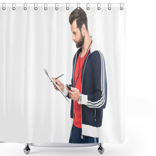 Personality  Sportive Coach Looking At Stopwatch And Clipboard, Isolated On White Shower Curtains