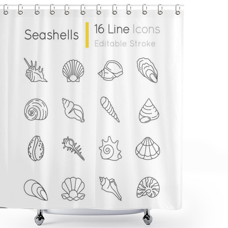 Personality  Seashells Pixel Perfect Linear Icons Set. Different Mollusk Shells Customizable Thin Line Contour Symbols. Various Sea Shells Collection Isolated Vector Outline Illustrations. Editable Stroke Shower Curtains