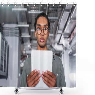 Personality  Young African American Programmer Holding Digital Tablet While Looking At Camera In Data Center Shower Curtains