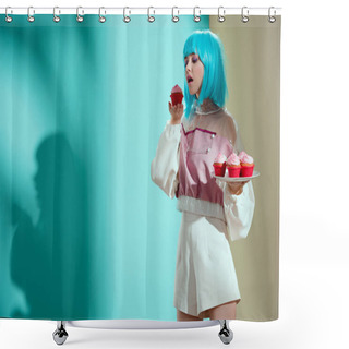 Personality  Beautiful Fashionable Woman Eating Delicious Cupcakes In Studio Shower Curtains