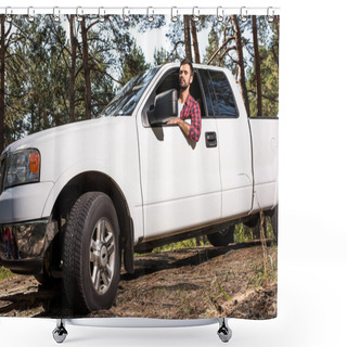 Personality  Selective Focus Of Young Handsome Man Sitting In Pick Up Car In Forest  Shower Curtains